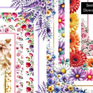 May include: A digital download featuring floral border designs. The image showcases various watercolor floral arrangements, including tulips, roses, daisies, and lavender, in vibrant colours. The borders are set against a white background, with a gold frame and the text "Instant Download".
