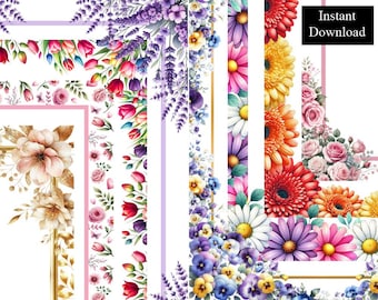 Paquete de 8 marcos con borde de acuarela floral mixto, descarga digital, tamaños A4 y 8,5 x 11, flores, rosas, tulipanes, lavanda y dorado.