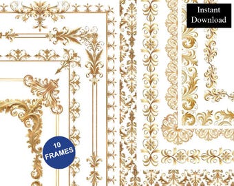 May include: A collection of ten digital frames featuring intricate gold filigree and ornate scrollwork patterns on a white background. The image includes text that reads 10 FRAMES and Instant Download, showcasing various decorative border designs.