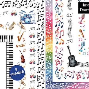 Music Borders Watercolour Frames 8 ClipArt Bundle Digital Piano Notes Instruments A4 & 8.5x11 PNG