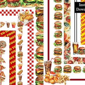 Fastfood aquarel randen frames take-away frame bundel 10 digitale download friet pagina A4 en 8,5 x 11 rand pizza hamburgers menulijst, png
