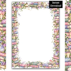 May include: A rectangular stationery border featuring stacks of colourful books, ivy vines, purple flowers, glowing lanterns, candles, a small owl, a potion bottle, and mushrooms. The text Instant Download appears in the top right corner.