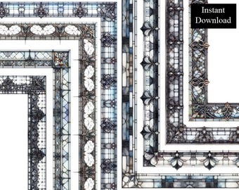 Bordes de luz de plomo monocromáticos, 8 marcos, estilo ornamental decorativo, clip art, descarga digital, marco de página de vitral A4 y 8,5 x 11 PNG