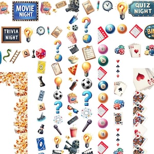 Gry Noc Akwarele Ramki Ramki 8 Cyfrowe Pobieranie Png Poker Film Quiz Bingo Karty Do Gry Popcorn Strona Ramka Ramka A4 i 8.5 x 11"