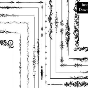 May include: Black and white digital illustrations of ornate borders and decorative elements. The designs include scrolling flourishes, symmetrical patterns, and vertical line accents. The words "Instant Download" are in a black rectangle.
