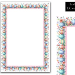 Cornice per bordi ad acquerello di caccia alla Pasqua, coniglietto floreale, uovo di Pasqua, clip art in formato PDF e PNG, download immediato digitale, album di ritagli per le vacanze, coniglietti, uova