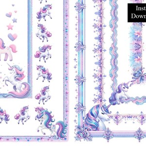 May include: Digital download featuring unicorn-themed designs in pastel colors. The image includes borders, frames, and individual unicorn illustrations with pink, purple, and blue accents. The text "Instant Download" is displayed in a black rectangle.