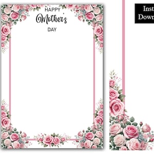Marco de acuarela con borde floral, rosas y corazones para el Día de la Madre, imágenes prediseñadas simples en PDF y PNG, descarga digital, diseño floral rosa, tamaño A4 y 8,5 x 11 pulgadas