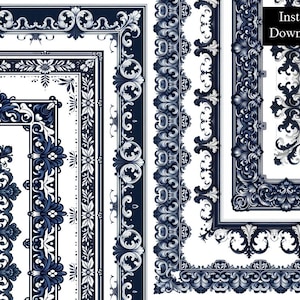 May include: Digital download featuring ornate, navy blue and white decorative borders and frames. The designs include floral and scrollwork patterns, with the words "Instant Download" in a black box.