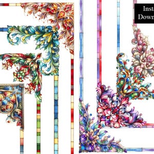 Può includere: Download digitale con disegni angolari di vetrate colorate. Gli angoli presentano intricati motivi floreali e ornamentali in tonalità di rosso, blu, verde e viola. Il testo "Instant Download" è visibile in alto a destra.