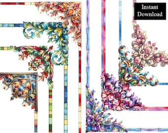 Bordes de esquinas de vidrieras, 8 marcos, estilo ornamentado, clip art, descarga digital, marco de ventanas medievales antiguas y coloridas, A4 y 8,5 x 11 PNG