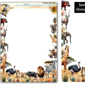 May include: A printable digital paper with a white background and a border of safari animals, including a giraffe, zebra, rhino, ostrich, cheetah, and elephant. The animals are drawn in a realistic style with vibrant colours.