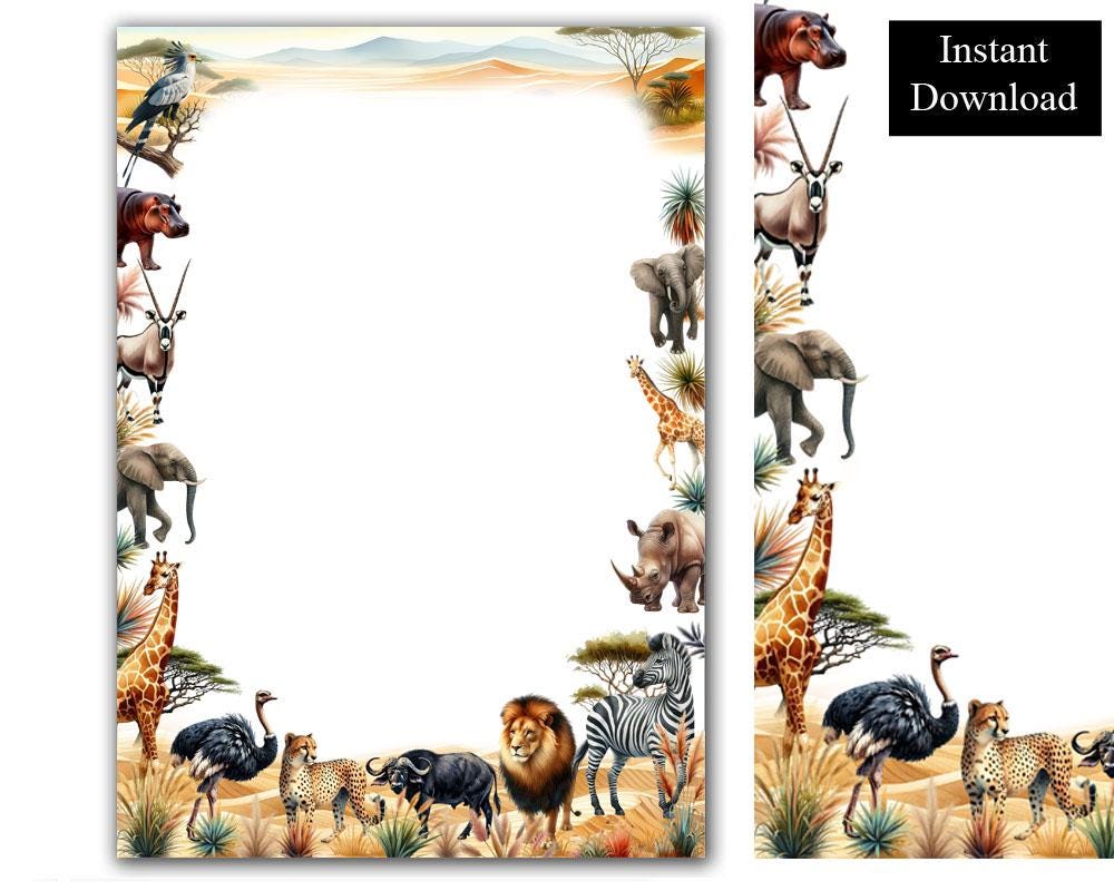 African Safari Animals Watercolour Border Frame Clip Art PDF and PNG  Digital Download A4 \u0026 8.5x11 Inch Lion Zebra Cheetah Hippo Rhino - Etsy, image size:1000x800