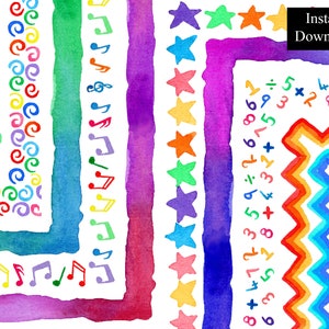 Rainbow Hand Painted Watercolour Border Frames Clipart Bundle 11 Digital Download Colourful Borders A4 & 8.5 x 11 Colourful Digital Papers