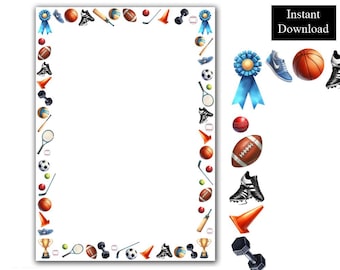 Imágenes prediseñadas de equipamiento deportivo para días de campo deportivo en formato PDF y PNG. Descarga digital instantánea. Ideales para álbumes de recortes en tamaños A4 y 8.5 x 11 pulgadas.