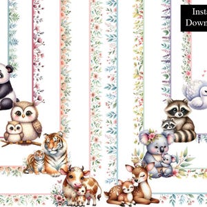 Bordure de bordure style aquarelle animaux pour la fête des mères, lot de 8 bordures en téléchargement numérique A4 et 8,5 x 11 cadres pour maman et bébé mignon maman