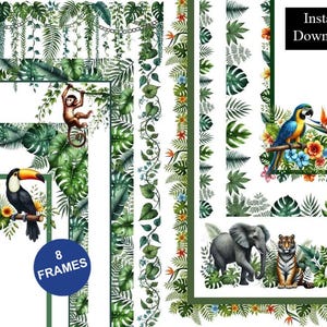 Jungle Animal Borders Frames ClipArt Bundle 8 Digital Downloads Printable A4 & 8.5x11 PNG