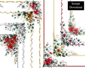 Marcos navideños de eucalipto, flores de Pascua, clip art australiano, paquete de 8 marcos de descarga digital A4 y borde de página imprimible de 8,5 x 11 PNG