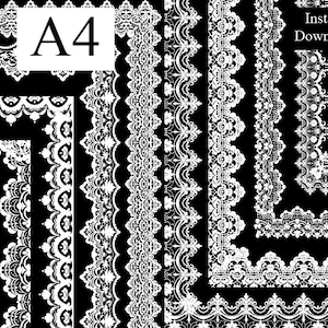 May include: A set of 10 white lace borders and corner designs on a black background. The designs are intricate and detailed, and would be perfect for adding a touch of elegance to any project. The text "A4" and "Instant Download" is also visible in the image.