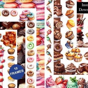 May include: A digital collection of dessert illustrations featuring macarons, doughnuts, cupcakes, chocolate squares, caramel cubes, ice cream cones, and fruit-topped parfaits. The image includes text that reads Instant Download and 10 FRAMES.
