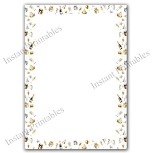 May include: A white printable sheet with a gold and silver border of party decorations. The decorations include champagne bottles, glasses, party hats, balloons, and stars. The border is on all four sides of the sheet.