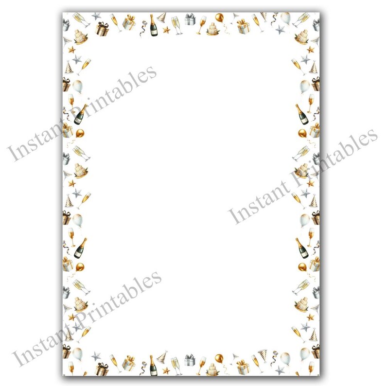 May include: A white printable sheet with a gold and silver border of party decorations. The decorations include champagne bottles, glasses, party hats, balloons, and stars. The border is on all four sides of the sheet.