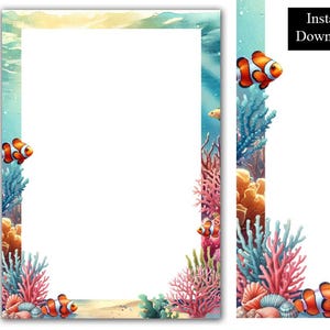Marco de borde bajo el mar Clip Art Descarga digital Marco A4 y 8.5x11 Pez payaso de coral oceánico Acuarela Borde de página imprimible PDF y PNG