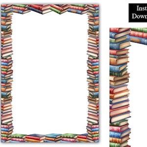 May include: A rectangular border design featuring stacks of colorful books. The books are in various colors, including red, green, blue, and brown. The text "Instant Download" is in a black rectangle in the upper right corner.