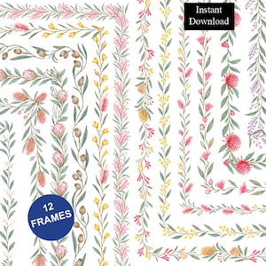 May include: A collection of 12 digital floral frames featuring watercolor illustrations of Australian native plants, including pink and yellow bottlebrush, protea, and eucalyptus leaves. The image includes text that reads 12 FRAMES and Instant Download.