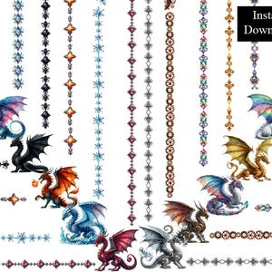 May include: Digital clipart set featuring colorful dragons with intricate details. The set includes various decorative borders with geometric and floral patterns.  The image also includes the text "Instant Download".