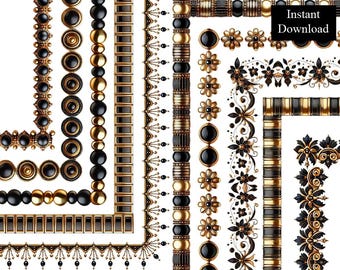 Black and Gold Jewellery Borders Frames Ornate Floral Golden Certificate ClipArt Bundle 9 Digital Antique Decorative Vintage A4 & 8.5x11 PNG