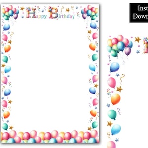 Geburtstags-Party Aquarell Ränder Rahmen alles Gute zum Geburtstag Clip Art Digitaler Download Regenbogen Luftballons A4 & 8.5 x 11 Printable Page Border PNG