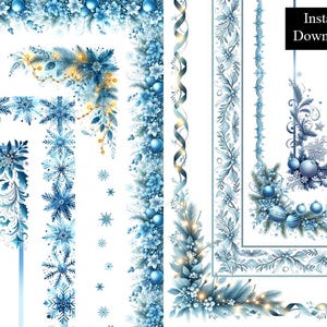 May include: A selection of watercolour digital borders and corner designs in shades of blue and white, featuring snowflakes, baubles, and floral elements. The designs include various styles, from delicate lines to ornate corners, with the text "Instant Download".