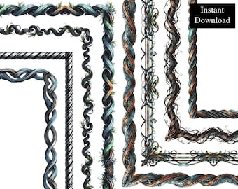 Bordes de metal retorcido, 8 marcos, estilo metálico ornamentado, clip art, descarga digital, metal gótico medieval, hierro oxidado, marco A4 y 8,5 x 11 PNG