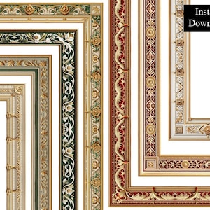 May include: A collection of ornate, decorative frames in various sizes and styles. The frames feature gold, green, and red accents with intricate floral and geometric patterns. The text "Instant Download" is displayed in a black box.
