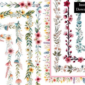 Frühlingsblumen Aquarell Stil Border Frame Edge Bundle 8 Digital Download Borders A4 & 8.5x11 Rahmen Einfache Blumenblätter Gemalt Blüte