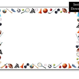 May include: A white background with a border of sports equipment, including a baseball, basketball, football, soccer ball, tennis racket, hockey stick, dumbbells, and a trophy. The border is in a variety of colors, including blue, red, orange, green, and black.