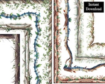 Árboles viejos, bordes, 8 marcos, imágenes prediseñadas de madera, descarga digital, ramas de madera frondosas, marco de madera A4 y 8,5 x 11 PNG