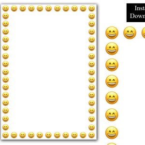 Può includere: Un foglio di carta bianco con un bordo di emoji di faccine sorridenti gialle. Le parole "Download istantaneo" sono in un rettangolo nero in alto a destra. Le emoji sono distanziate uniformemente.