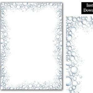 Puede incluir: Un papel blanco con un borde de burbujas azules y transparentes. Las burbujas varían en tamaño y están agrupadas alrededor de los bordes del papel. Las palabras "Descarga instantánea" están en un rectángulo negro.