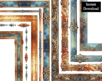 Paquete de 9 marcos decorativos con bordes oscuros, filigrana ornamentada, cobre azul oxidado, imágenes prediseñadas digitales antiguas, metálicas, griegas, A4 y 8,5 x 11 PNG