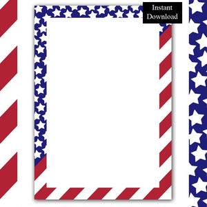 May include: A rectangular digital border frame featuring a patriotic design with a white center. The border consists of a blue strip with white stars along the top and left sides, and red and white diagonal stripes along the bottom and right.