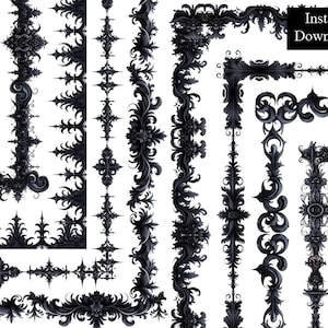Dark Gothic Borders 8 Frames Ornate Gothic Style Clip Art Digital Download Medieval Gothic Black Scroll Victoria Frame A4 & 8.5 x 11 PNG