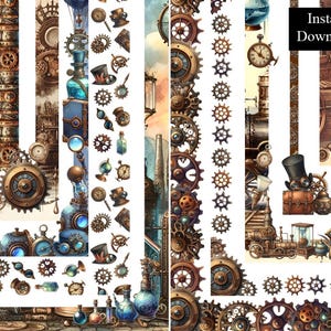 Steampunk Watercolour Borders Frames Junk Cogs Gears Bundle 10 Digital Download Frame A4 & 8.5 x 11 Machines Futuristic Sci Fi Page Border