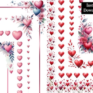 Be My Valentine Watercolour Borders Frames Love Hearts Clip Art Bundle 8 Digital Download Colourful Pink Borders A4 & 8.5x11 inch Valentine