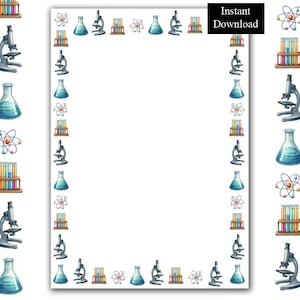 May include: A rectangular page border featuring a repeating pattern of watercolor science illustrations including microscopes, test tubes in racks, flasks with blue liquid, and colorful atom models. The top right corner contains a black box with the text Instant Download.