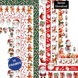 Puede incluir: Una colección digital de 10 marcos con temática navideña que presenta patrones repetitivos de hombres de jengibre, bastones de caramelo, caras de Santa Claus, elfos, renos, muñecos de nieve, regalos, calcetines y el texto Merry Christmas y Ho Ho Ho.