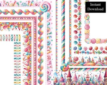 May include: A set of digital printable borders featuring colorful candy, lollipops, and candy canes. The borders are perfect for adding a sweet touch to your digital projects.