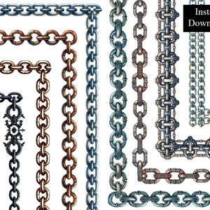 Paquete de 8 marcos con bordes de acuarela y eslabones de cadena, descarga digital, tamaño A4, carta de 8,5 x 11, borde de página imprimible con cadenas de metal plateado