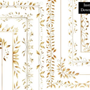 May include: Digital download featuring various gold leaf and branch designs. The designs include borders, corners, and vertical elements, all with a watercolor effect. The text "Instant Download" is in a black rectangle in the upper right corner.